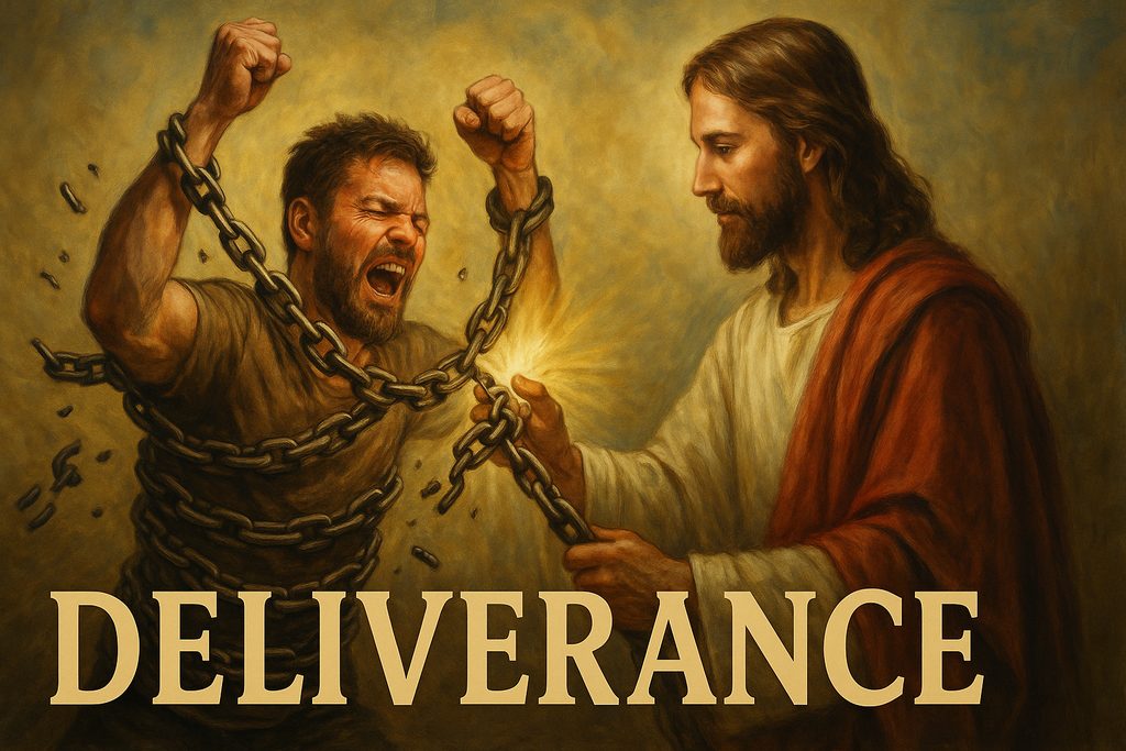 Painting: Jesus breaks the chains of a man who cries out, above the word DELIVERANCE