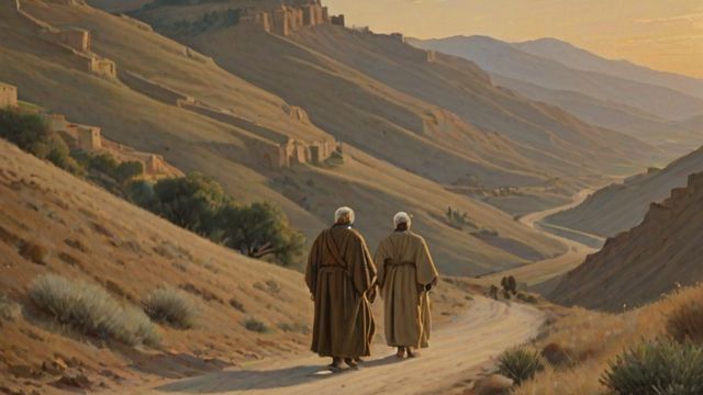 Two blind men in robes walking along a dusty path toward a pit