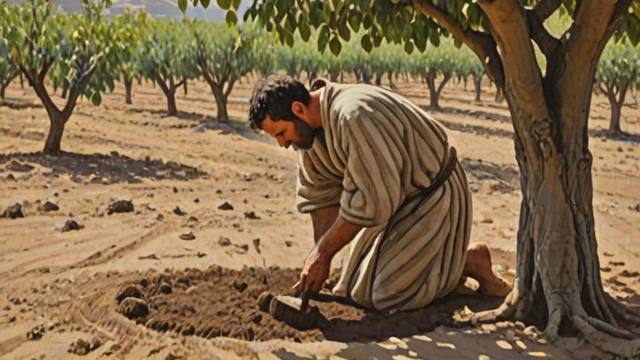 A gardener kneeling at the base of a barren fig tree in a vineyard while the landowner stands nearby with an axe