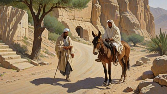 A traveler from Samaria bandaging a beaten man on a rocky desert road while a priest walks away