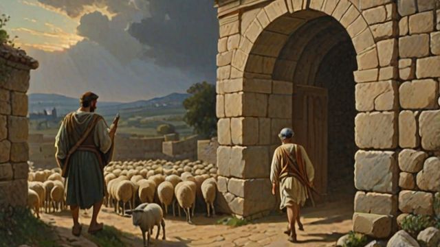 A shepherd calling his flock through a stone gate at dawn while a thief climbs the wall in the dim background