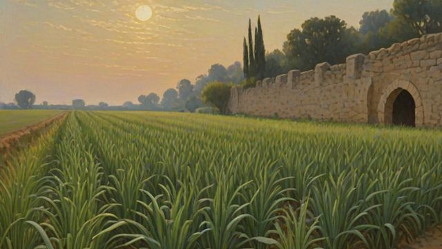A grain field at dawn with green shoots and ripening heads growing by themselves and a sickle resting against a wall