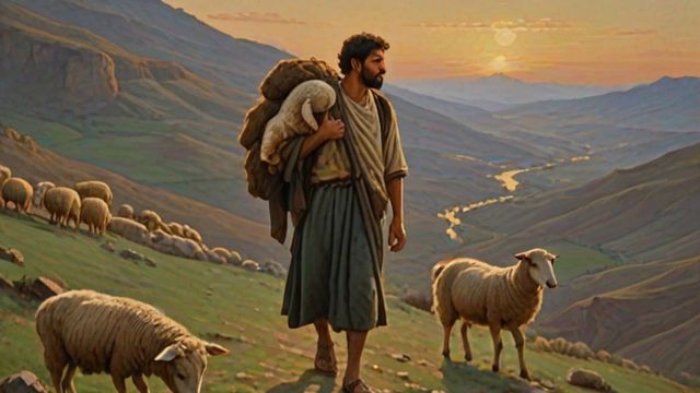 A shepherd carrying a lost sheep on his shoulders across a rocky hillside at twilight