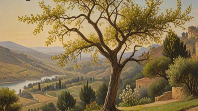A huge mustard tree with birds nesting in its branches and a tiny seed in an open palm in the foreground