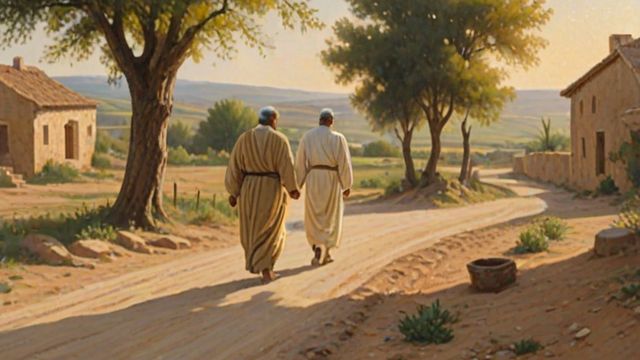 A father in a rich robe running down a dusty road to embrace his ragged returning son