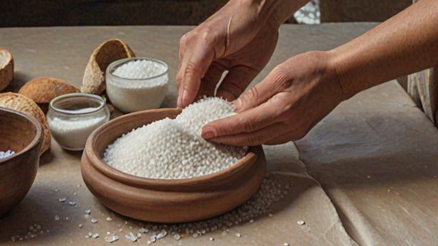 A hand sprinkling a pinch of salt over bread on a stone table in a village market