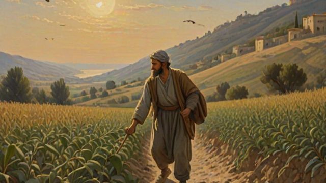 A farmer scattering seed by hand across a hillside, with seed falling on a path, among rocks, among thorns and on good soil