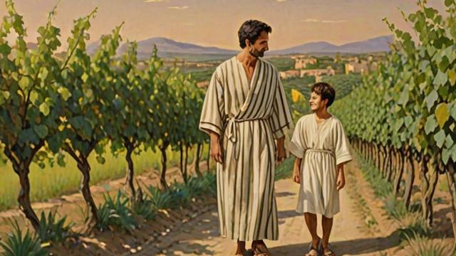A father at the edge of a vineyard with two sons, one walking away and the other turning back toward the vines