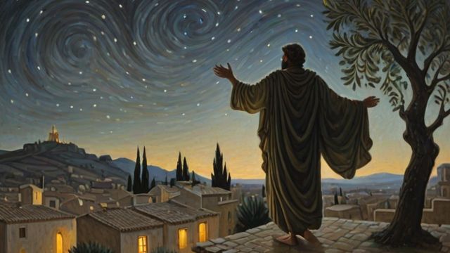 Wind rippling through olive trees and a figure's cloak on a rooftop at night under the stars