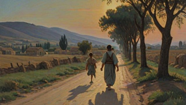 A lantern-bearing traveler walking a road at twilight with bright light ahead and long shadows behind